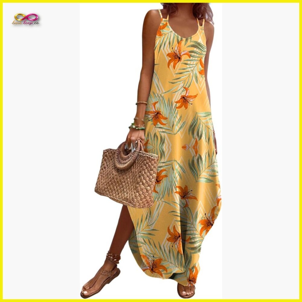 Boho Maxi Sundress with Pockets Sleeveless V-Neck Casual Beach Travel Dress